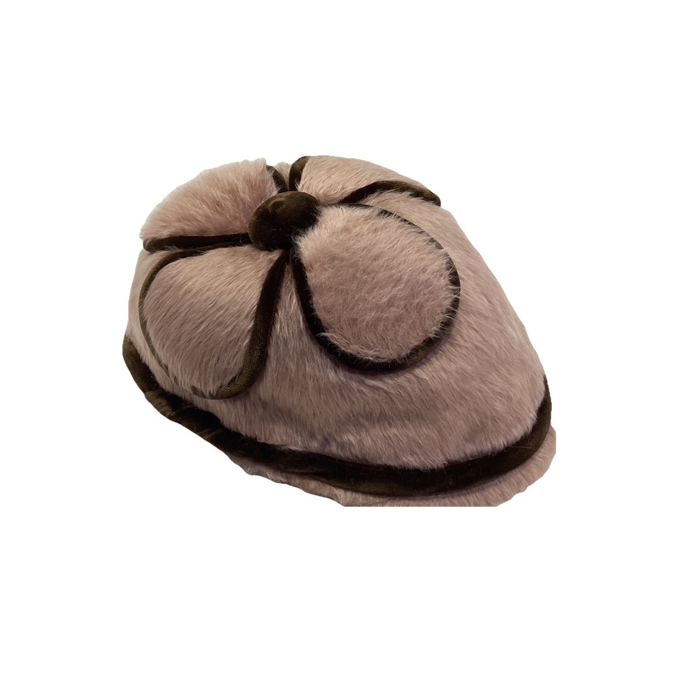 Vtg Marion Valle NY Pink Mohair? Brown Velvet Cloche Hat Floral Appliqué Top